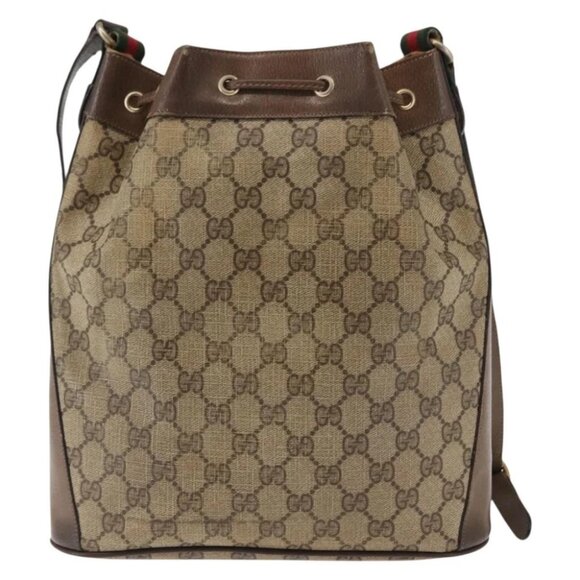 GUCCI GG Canvas Web Sherry Line Shoulder Bag PVC Leather Beige Green - Picture 3 of 15